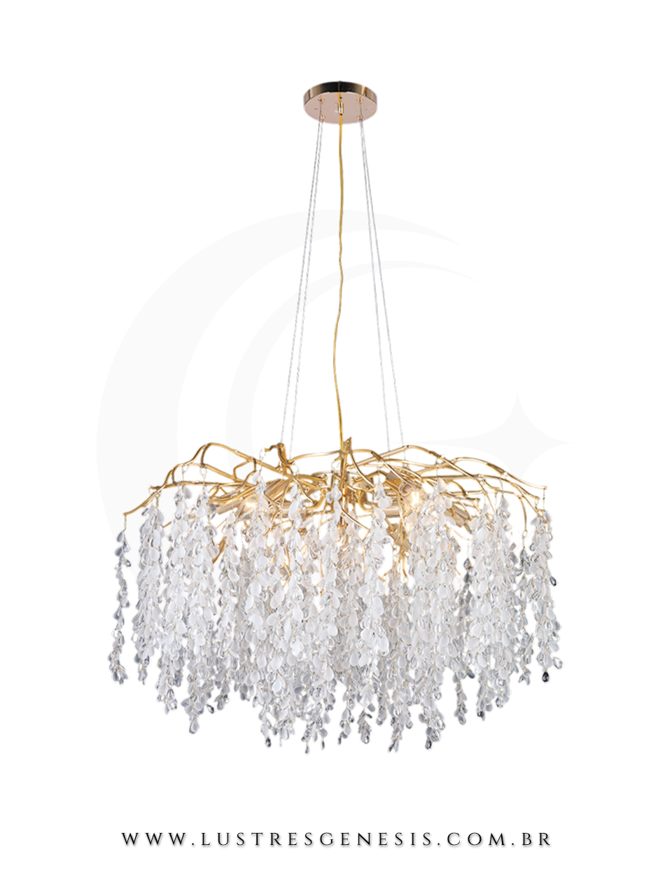 Lustre de Cristal Gota P&eacute;tala Dourado 80x50m Para Sua Sala de Jantar 